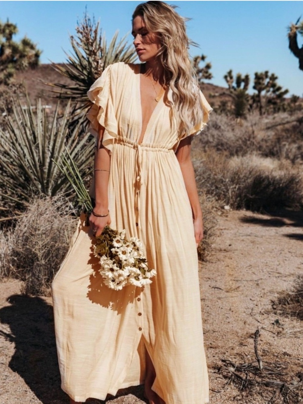 New Gauzy Cover Up Maxi Dress Button Front Deep Plunge Beige Ivory
